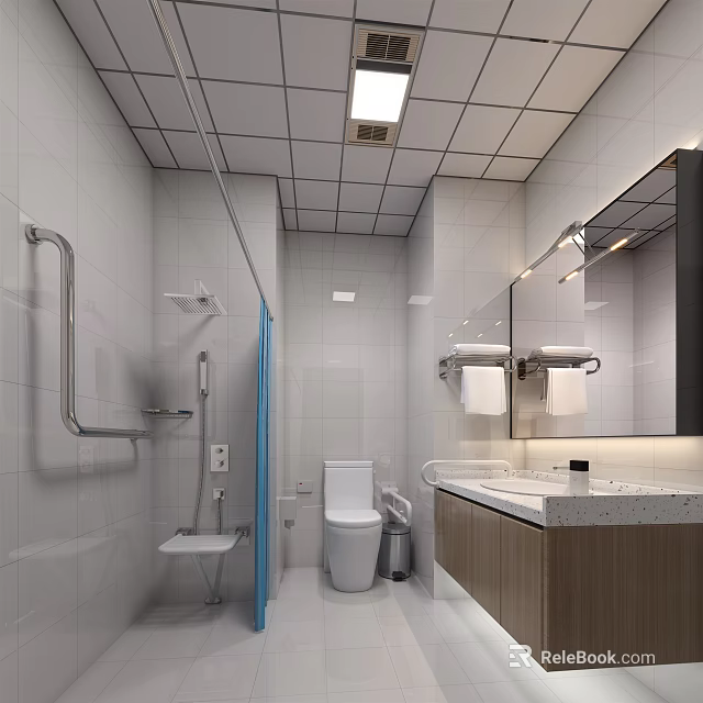 Hotel Bathroom Interior Design With Shower Toilet Vanity Mirror And White Tiles 3d model 