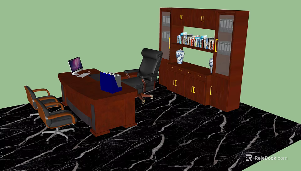 Wooden Office Desk Setup With Black Leather Chair Laptop And Bookshelf On Marble Carpet 3d model 