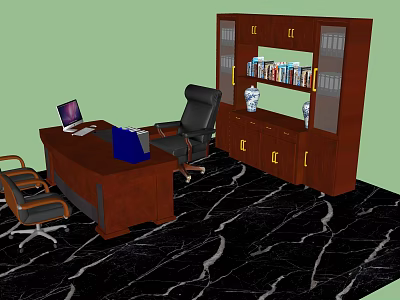 Wooden Office Desk Setup With Black Leather Chair Laptop And Bookshelf On Marble Carpet 3d model