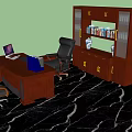 Wooden Office Desk Setup With Black Leather Chair Laptop And Bookshelf On Marble Carpet