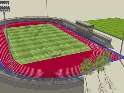 Football Stadium Surrounded by Red Running Track With Grandstand Floodlights Green Grass And Trees 3d model