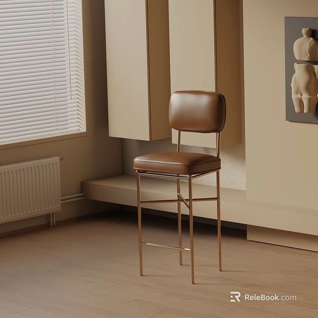 Modern Brown Leather Bar Stool with Golden Metal Frame in Light Room with Window Blinds 3d model 