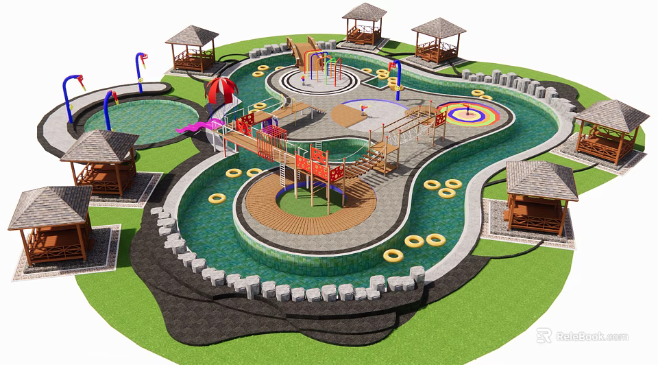 Vibrant Children's Play Area With Play Structures Water Features And Pavilions On Green Lawn 3d model 