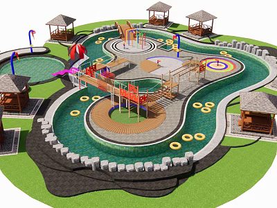 Vibrant Children's Play Area With Play Structures Water Features And Pavilions On Green Lawn 3d model