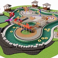 Vibrant Children's Play Area With Play Structures Water Features And Pavilions On Green Lawn