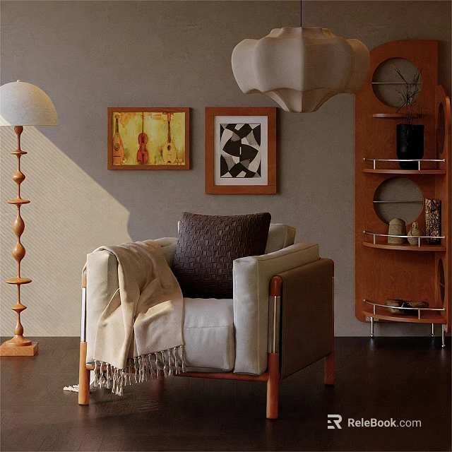Accent Chair With Throw Pillow And Blanket In Living Room Featuring Floor Lamp Wall Art 3d model 