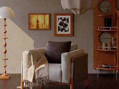 Accent Chair With Throw Pillow And Blanket In Living Room Featuring Floor Lamp Wall Art 3d model