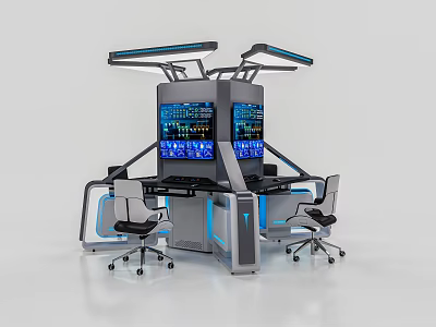 High Tech Modern Office Desk With Multiple Screens Dual Chairs And Blue Lighting 3d model