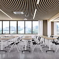 Modern Meeting Room Interior Design With Large Windows City View And Arranged Tables Chairs