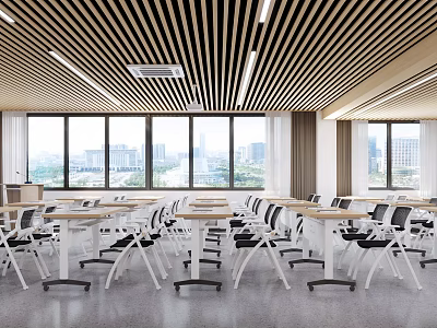 Modern Meeting Room Interior Design With Large Windows City View And Arranged Tables Chairs 3d model