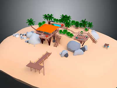 Cartoon Beach Scene With Palm Trees Wooden Platform Swimming Pool Rocks And Bridge 3d model