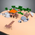 Cartoon Beach Scene With Palm Trees Wooden Platform Swimming Pool Rocks And Bridge
