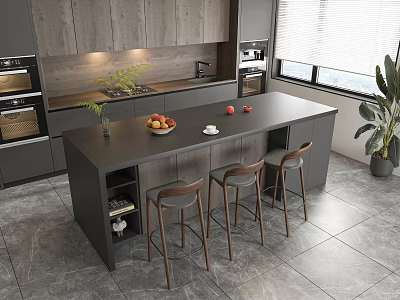 Modern Kitchen Bar Counter With Dark Top Three Stools Fruits And Cabinets 3d model