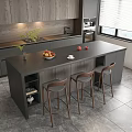 Modern Kitchen Bar Counter With Dark Top Three Stools Fruits And Cabinets