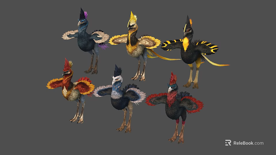 Vibrant Mythical Birds With Diverse Feather Colors And Unique Head Crests 3d model 