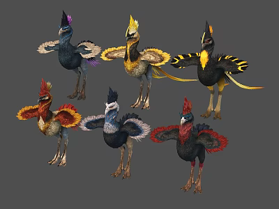 Vibrant Mythical Birds With Diverse Feather Colors And Unique Head Crests 3d model