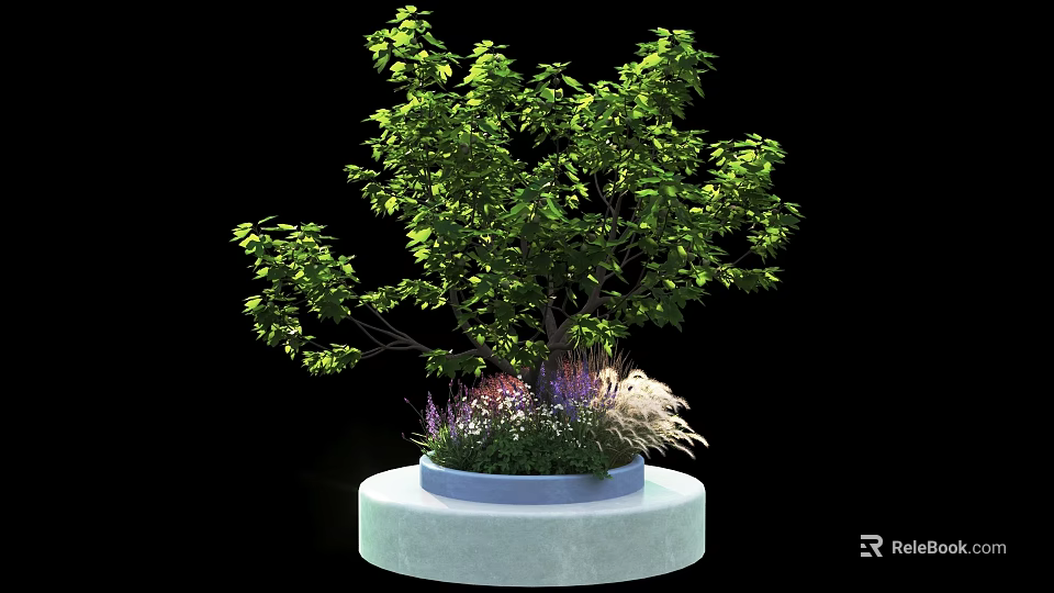 Tree Planter With Green Leaf Tree Purple Flowers And Other Plants On Circular White Base 3d model 