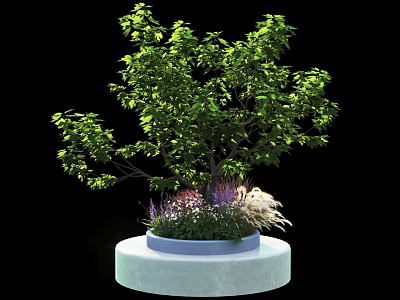 Tree Planter With Green Leaf Tree Purple Flowers And Other Plants On Circular White Base 3d model