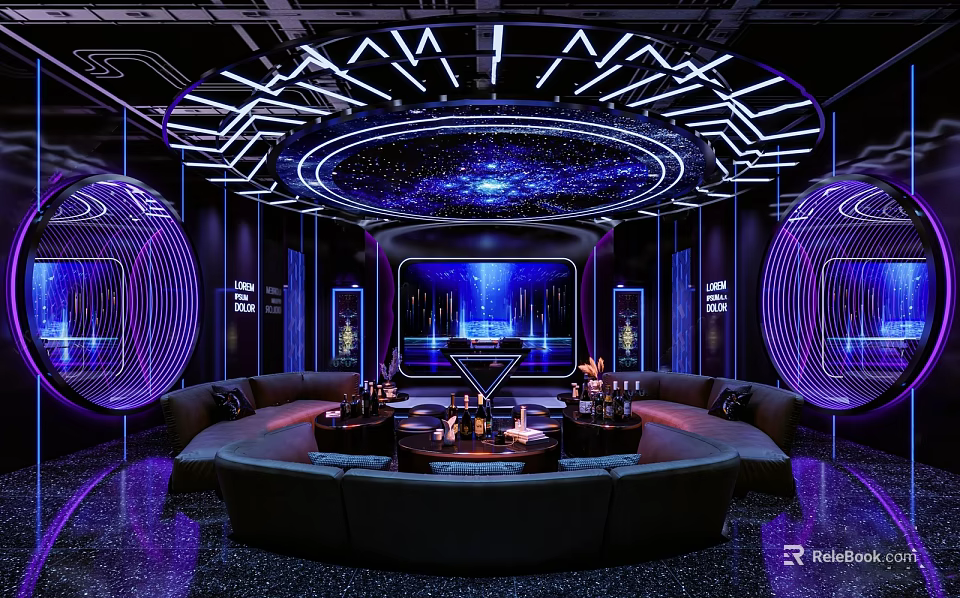 KTV Room Interior Design With Modern Neon Lighting Circular Sofa And Large LED Screen 3d model 