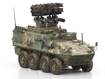 Military Camouflage Wheeled Armored Tank With Multiple Missile Launchers On Top 3d model