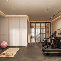 Modern Entertainment Room Interior With Treadmill Fitness Ball Yoga Mat White Cabinets And Glass Doors