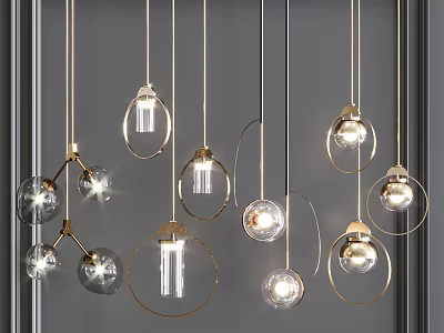 Modern Hanging Pendant Lights With Gold Metal Rings And Clear Glass Ball Shades 3d model