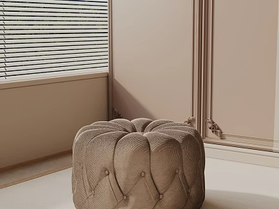 Modern Round Brown Tufted Side Table In Light Colored Interior With Window Blinds 3d model
