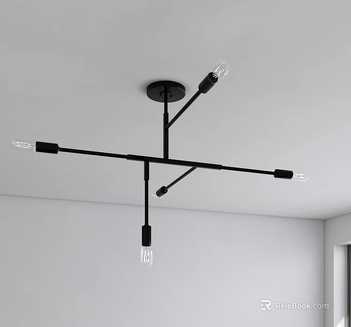 Modern Abstract Chandelier with Black Metal Cross Arms Multiple Exposed Bulbs in Minimalist Interior 3d model 