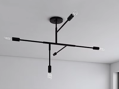Modern Abstract Chandelier with Black Metal Cross Arms Multiple Exposed Bulbs in Minimalist Interior 3d model