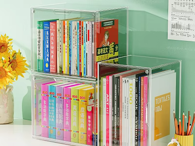 Colorful Books And Magazines On Clear Acrylic Double Layer Bookshelf With Sunflower Vase 3d model