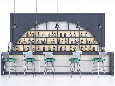Modern Bar Interior With Wine Rack Bottles Green Stools And Pendant Lights 3d model