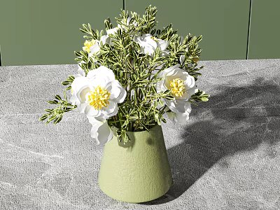 Light Green Conical Textured Vase Holding White Flowers On Gray Tabletop Against Green Wall 3d model