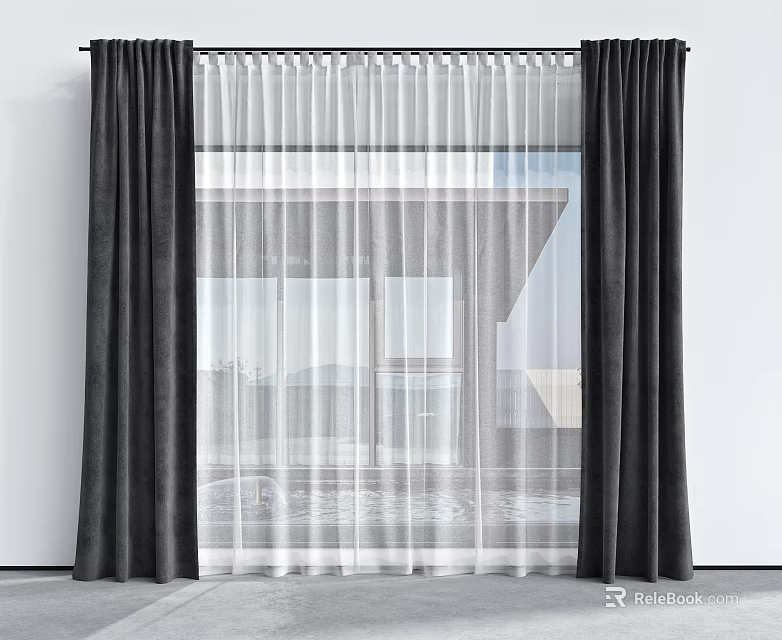 Modern Double Layer Curtains With Sheer And Dark Panels For Window 3d model 