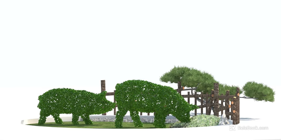 Green Shrub Topiary Sculptures Shaped as Pigs with Wooden Fence and Pine Tree 3d model 