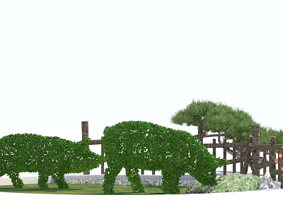 Green Shrub Topiary Sculptures Shaped as Pigs with Wooden Fence and Pine Tree 3d model