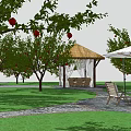 Apple Trees With Red Fruits In Garden Featuring Pavilion Grass And Stone Path