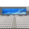 Banquet Hall With Large LED Screen Dynamic Blue Light Effects And Stage Audience Seats