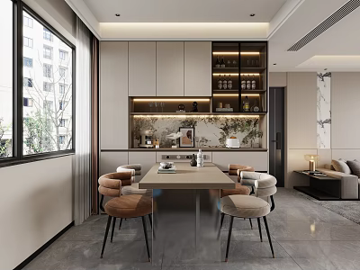 Modern Restaurant Interior With Dining Table Chairs Lighting And Decorative Plants 3d model