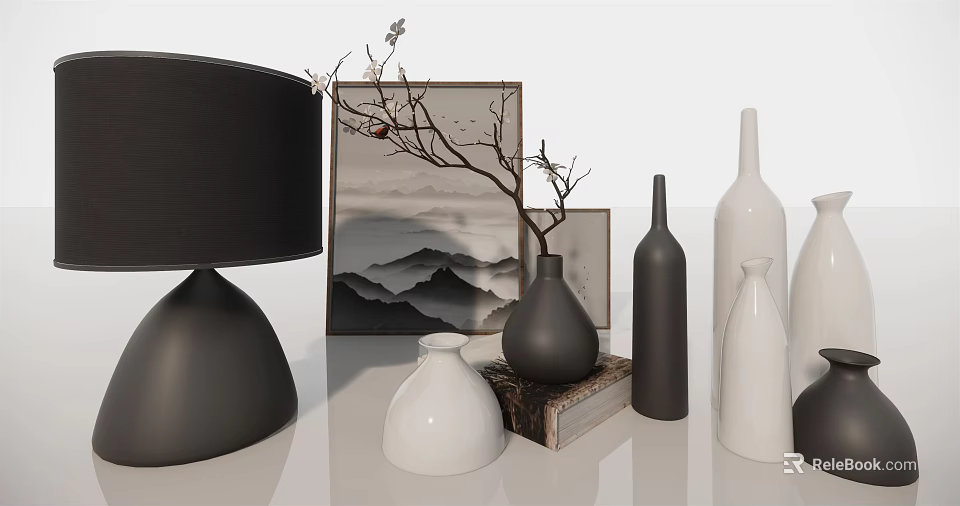 Modern Decorative Vases With Branches In Black And White For Interior 3d model