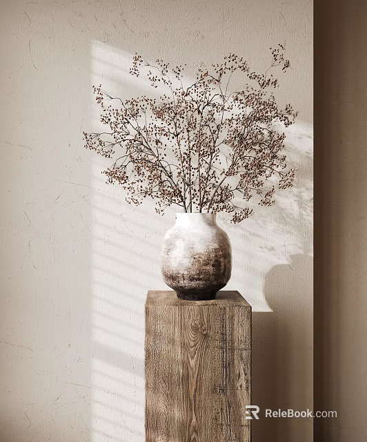 White Gradient Vase Holding Dried Floral Branches On Wooden Block Stand Light Colored Wall Shadow 3d model 