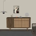 Wooden Entryway Console Cabinet With Rattan Doors And Decorative Ornaments On Top