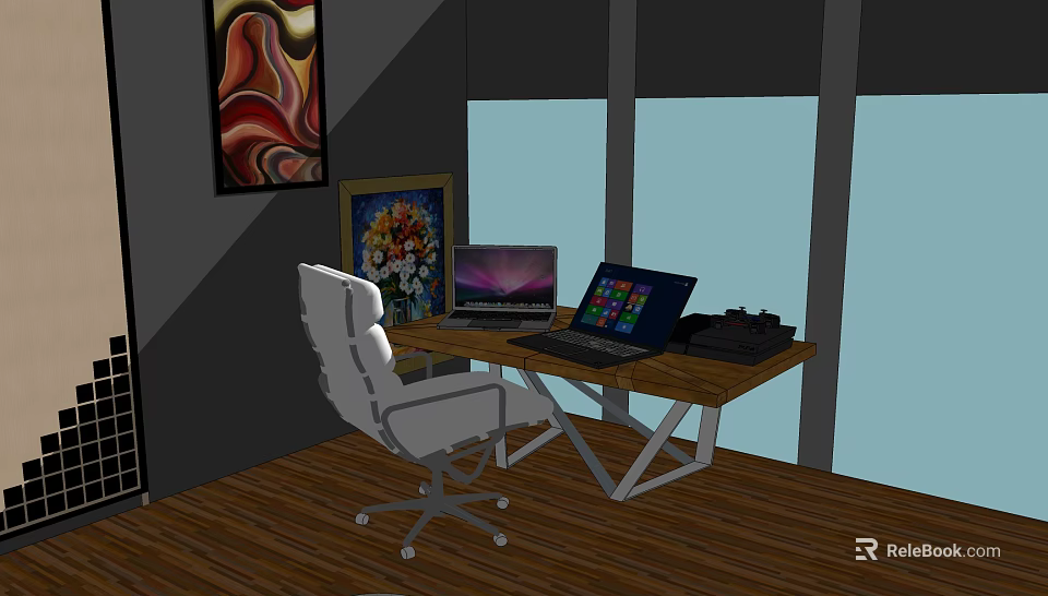 Modern Home Office Desk With Office Chair Laptops Artwork And Window View 3d model 