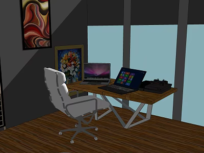 Modern Home Office Desk With Office Chair Laptops Artwork And Window View 3d model