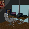 Modern Home Office Desk With Office Chair Laptops Artwork And Window View