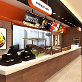 Modern Restaurant Interior With Wooden Ceiling Pendant Lights Menu Screens And Open Layout