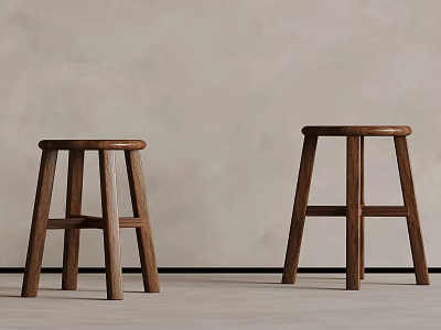 Two Wooden Simple Minimalist Stools Against Light Wall On Light Floor 3d model
