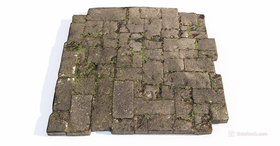 Outdoor Stone Paved Ground Featuring Weathered Bricks And Lush Green Moss 3d model 