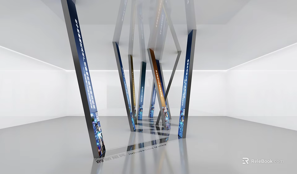 Modern Interior With Geometric Pillars Blue Patterns And Smooth Reflective Floor 3d model