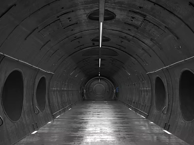 Elevator Corridor In Monochrome With Curved Walls Circular Openings Linear Ceiling Lights And Polished Floor 3d model