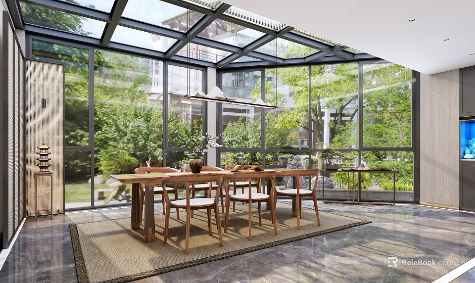 Villa Balcony With Glass Walls Wooden Dining Set And Nature View 3d model 